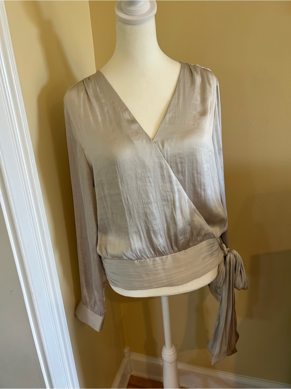 Banana Republic Satin Wrap Blouse Taupe Long Sleeve Tie Waist Surplice Top
